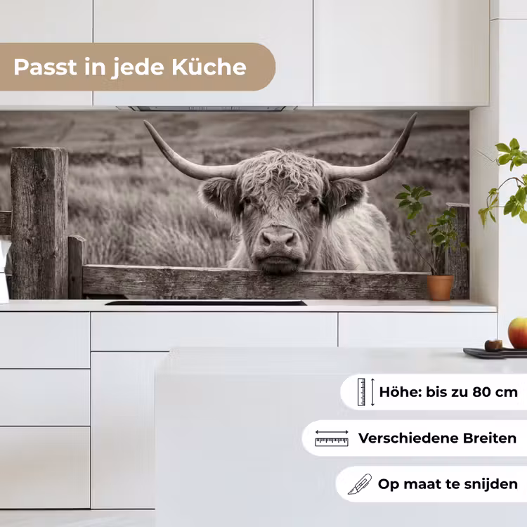 Küchenrückwand - Schottischer Highlander - Schwarz - Weiß - Holz — 7