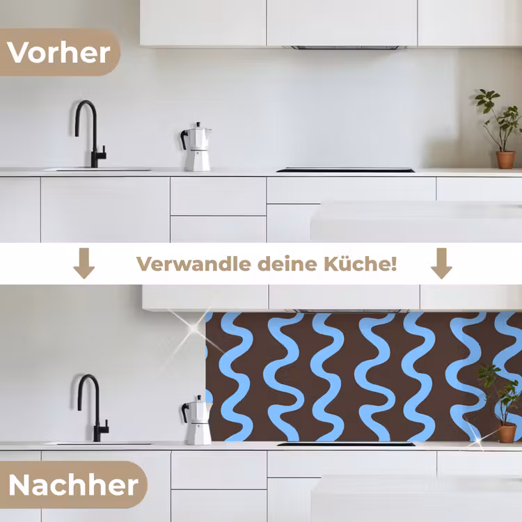Küchenrückwand - Sich windende Linien - Blau - Braun - Minimalistisch — 3