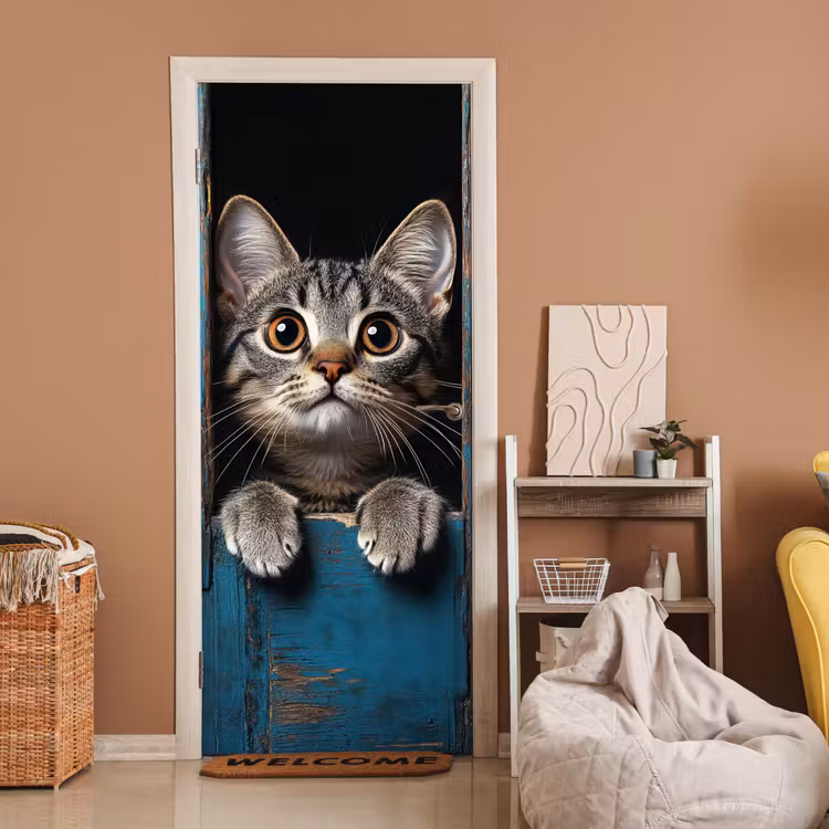 Türtapete - Katze - Durchsichtig - Holz - Tiere - Blau — 2