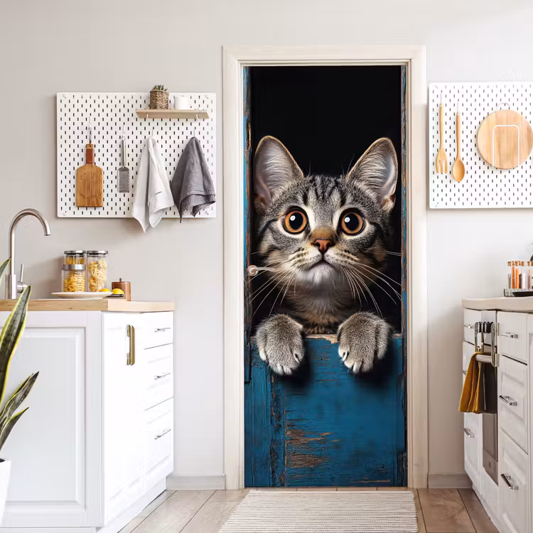 Türtapete - Katze - Durchsichtig - Holz - Tiere - Blau — 6