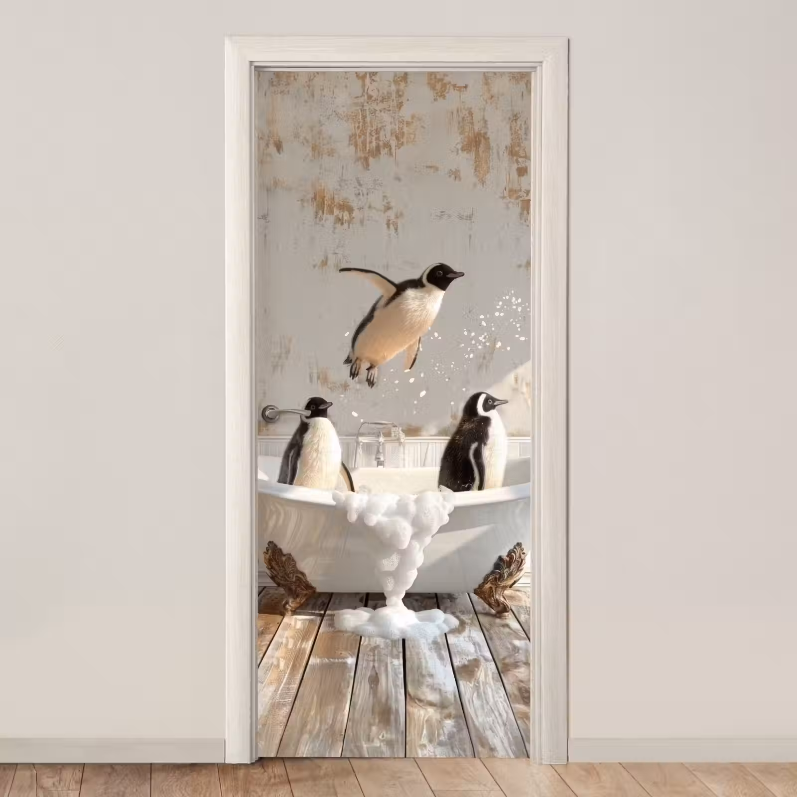Türtapete - Vintage - Pinguin - Badewanne - Schaumstoff — 1