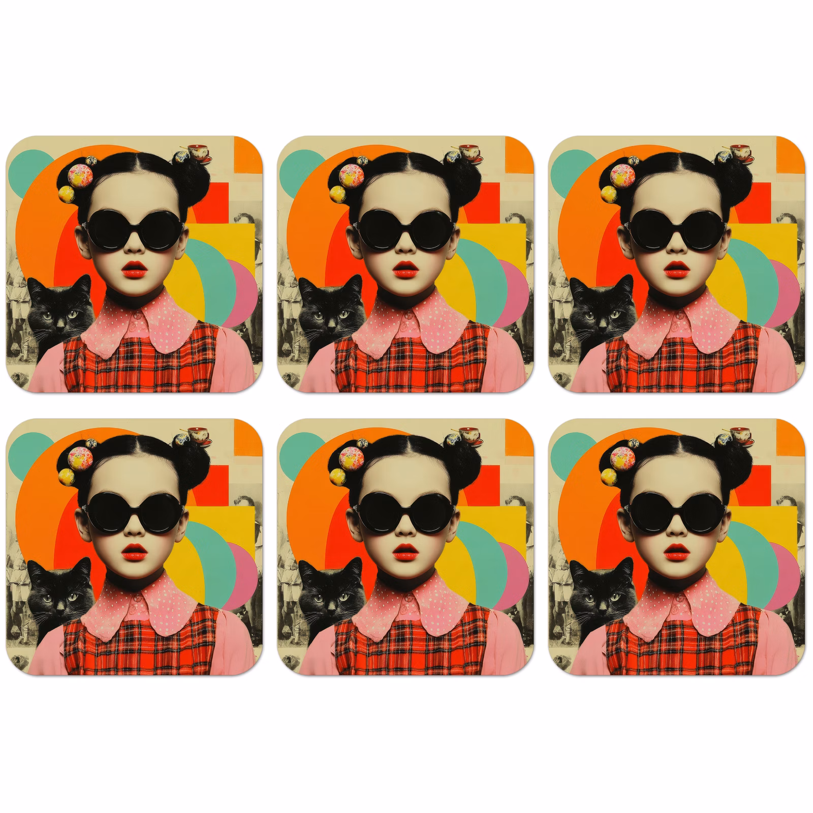 Untersetzer - Mädchen - Sonnenbrille - Katze - Retro — 1