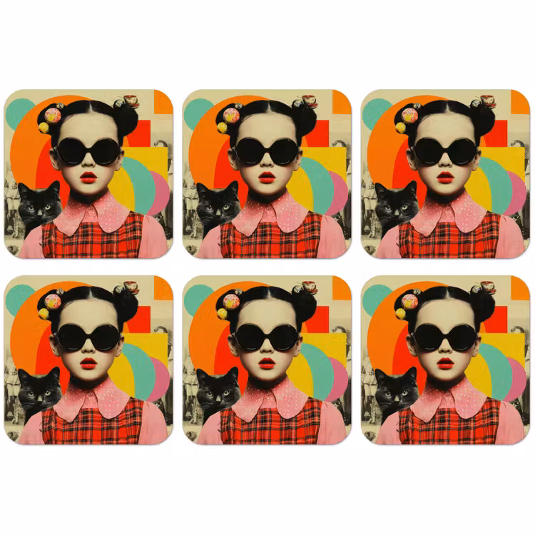Untersetzer - Mädchen - Sonnenbrille - Katze - Retro — 1