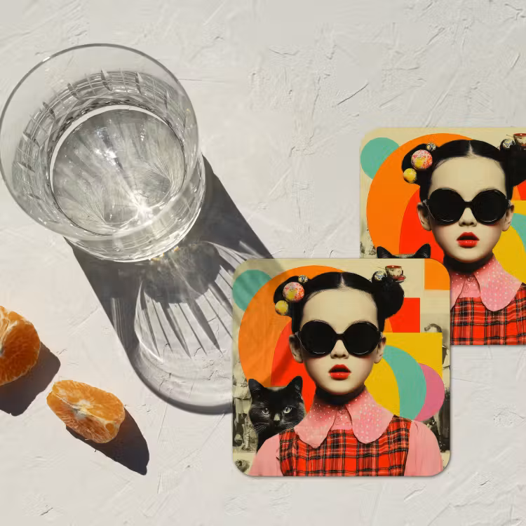Untersetzer - Mädchen - Sonnenbrille - Katze - Retro — 2