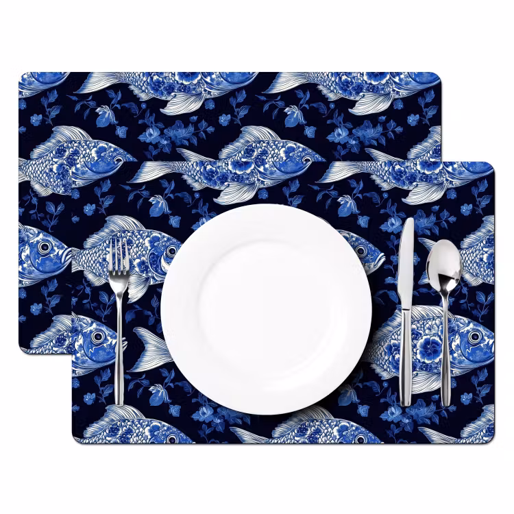 Tischset - 6 Stück - Fische - Blumen - Blau — 2