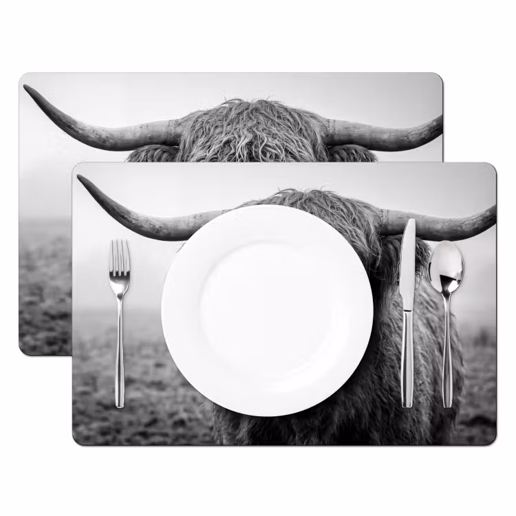 Tischset - 6 Stück - Schottischer Highlander - Schwarz - Weiß - Gras — 2