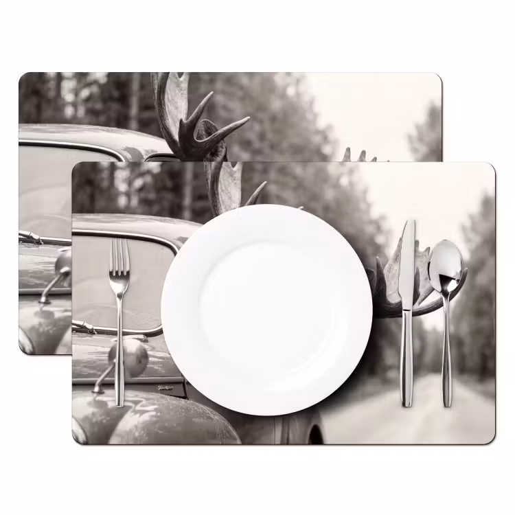 Tischset - 6 Stück - Elch - Auto - Geweih - Schwarz - Weiß — 2