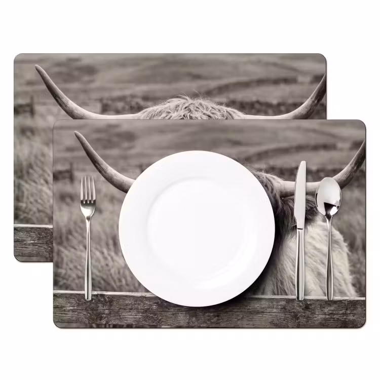 Tischset - 6 Stück - Schottischer Highlander - Schwarz - Weiß - Holz — 2