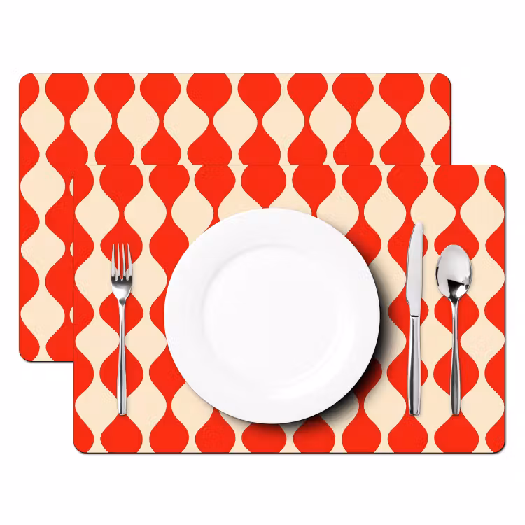 Tischset - 6 Stück - Wellenförmiges Muster - Retro - Rot - Beige — 2