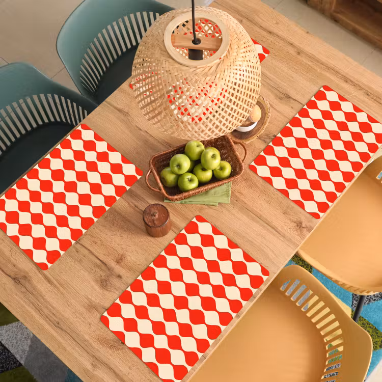 Tischset - 6 Stück - Wellenförmiges Muster - Retro - Rot - Beige — 4