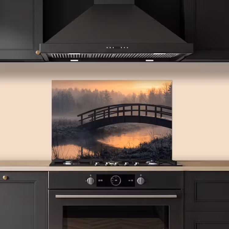 Spritzschutz Küche - Brücke - Nebel - Bäume - Wasser — 6