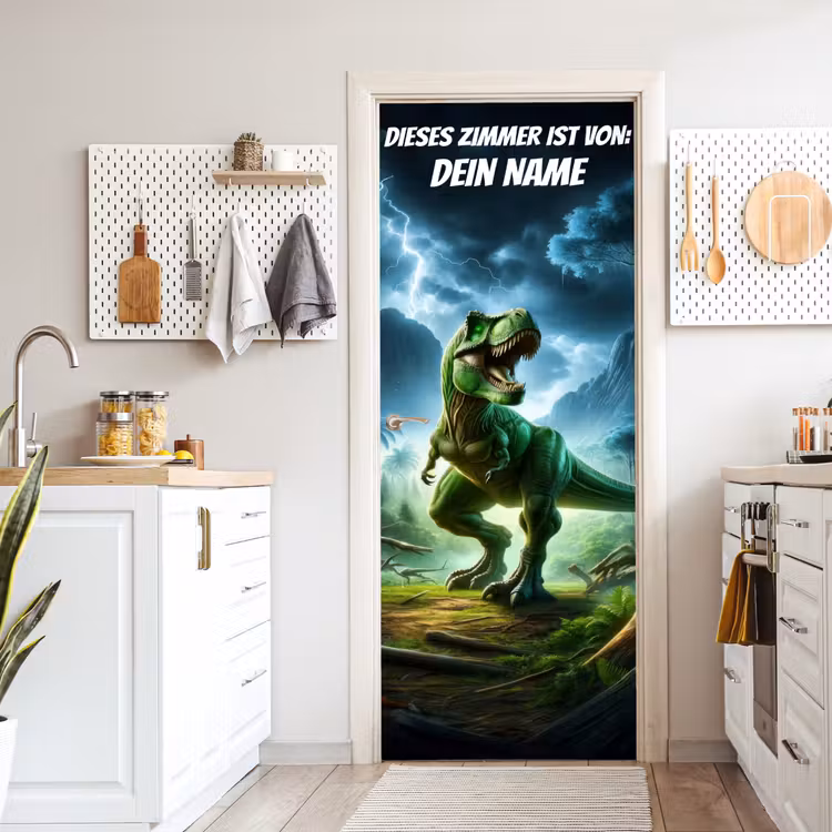 Türtapete mit Name - Grüner T-Rex im Gewitter mit Namensfeld. — 6