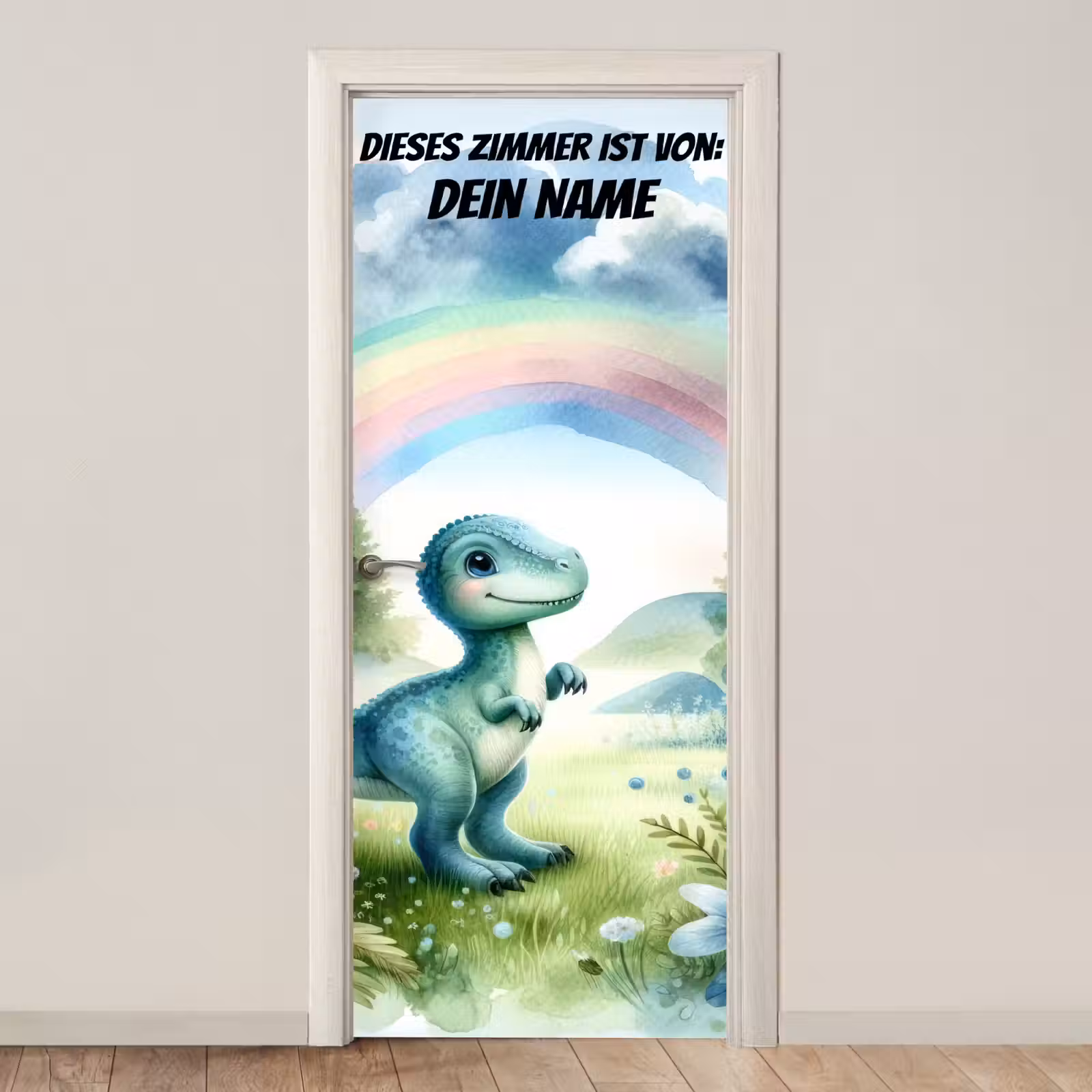 Türtapete mit Name - Niedlicher Dinosaurier unter Regenbogen. — 1