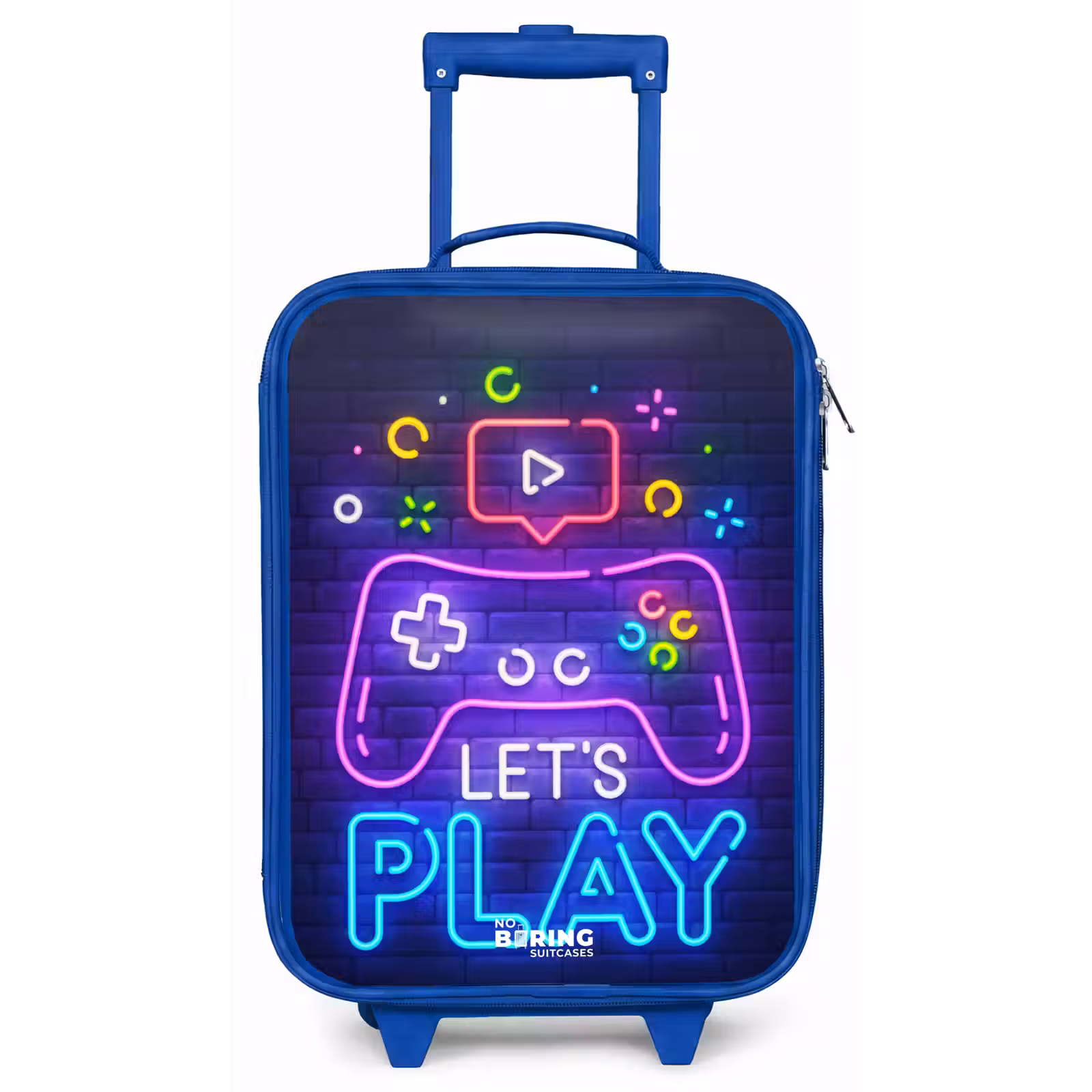 Kinderkoffer Blau - Neon-Controller vor einer Backsteinmauer — 1