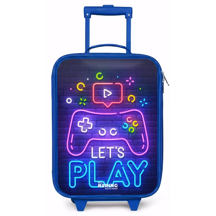 Kinderkoffer Blau - Neon-Controller vor einer Backsteinmauer — 1
