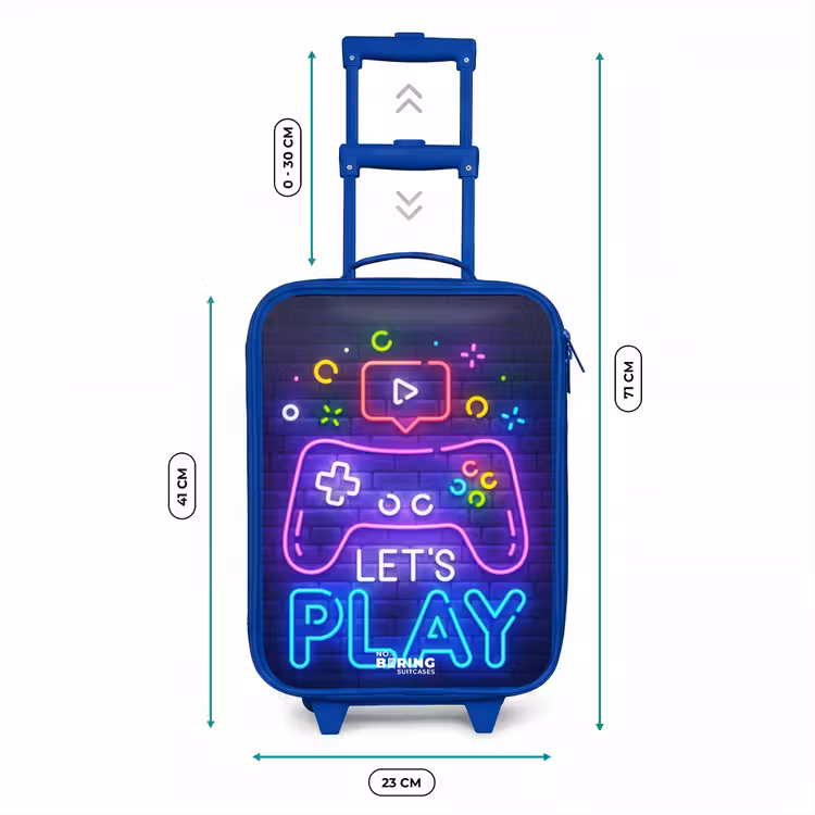 Kinderkoffer Blau - Neon-Controller vor einer Backsteinmauer — 6