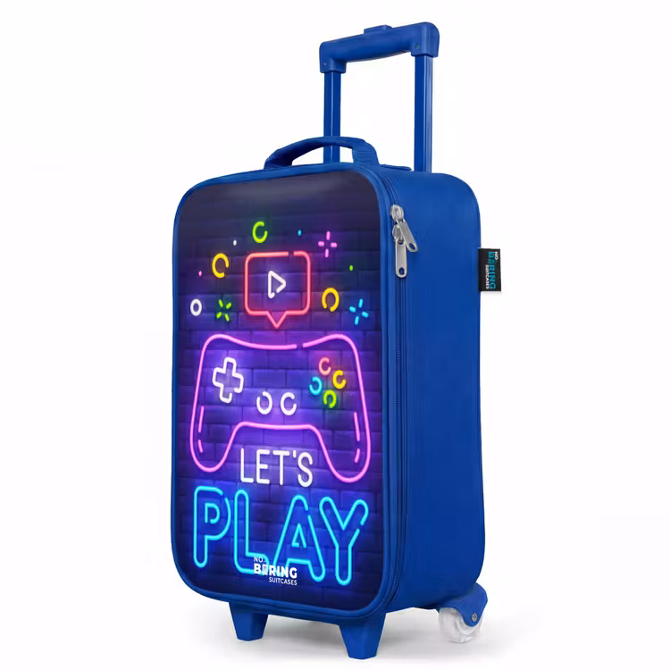 Kinderkoffer Blau - Neon-Controller vor einer Backsteinmauer — 7