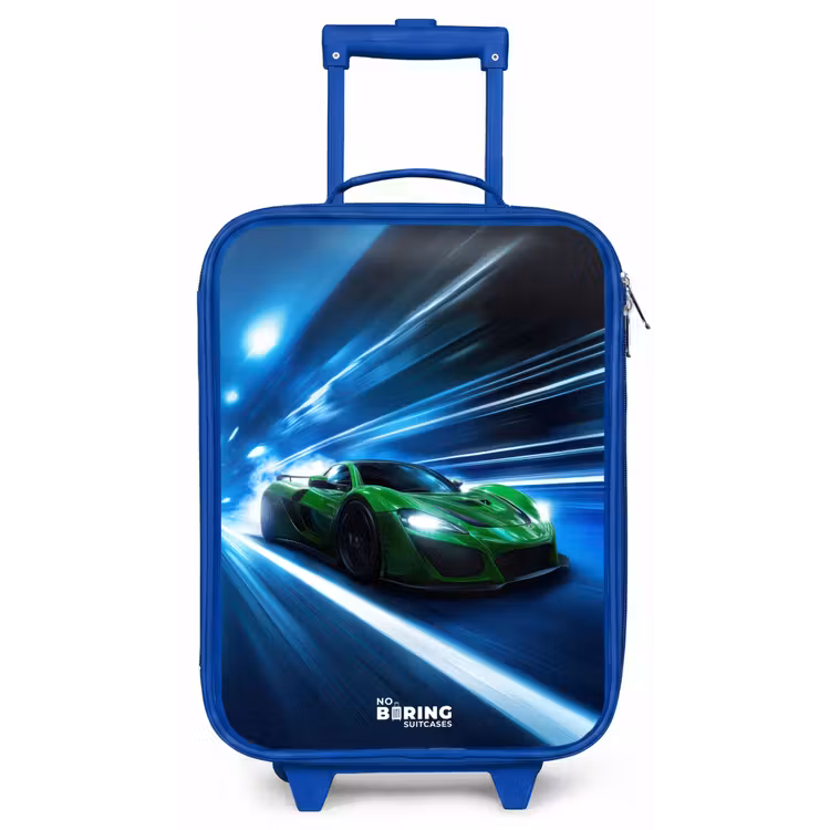 Kinderkoffer Blau - Grünes Superauto blinkt durch Neonlichter — 1