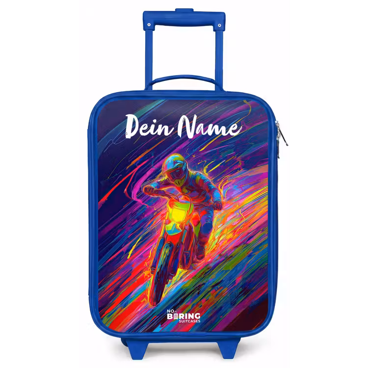 Kinderkoffer Blau mit Name - Crossrad - Neonfarben - Linien - Helm — 1