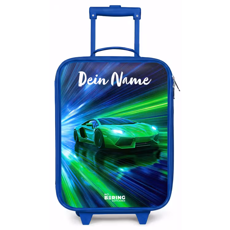 Kinderkoffer Blau mit Name - Sportwagen - Grün - Geschwindigkeitslinien - Neon — 1