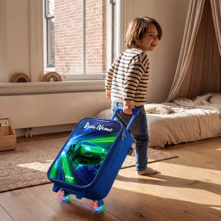 Kinderkoffer Blau mit Name - Sportwagen - Grün - Geschwindigkeitslinien - Neon — 3