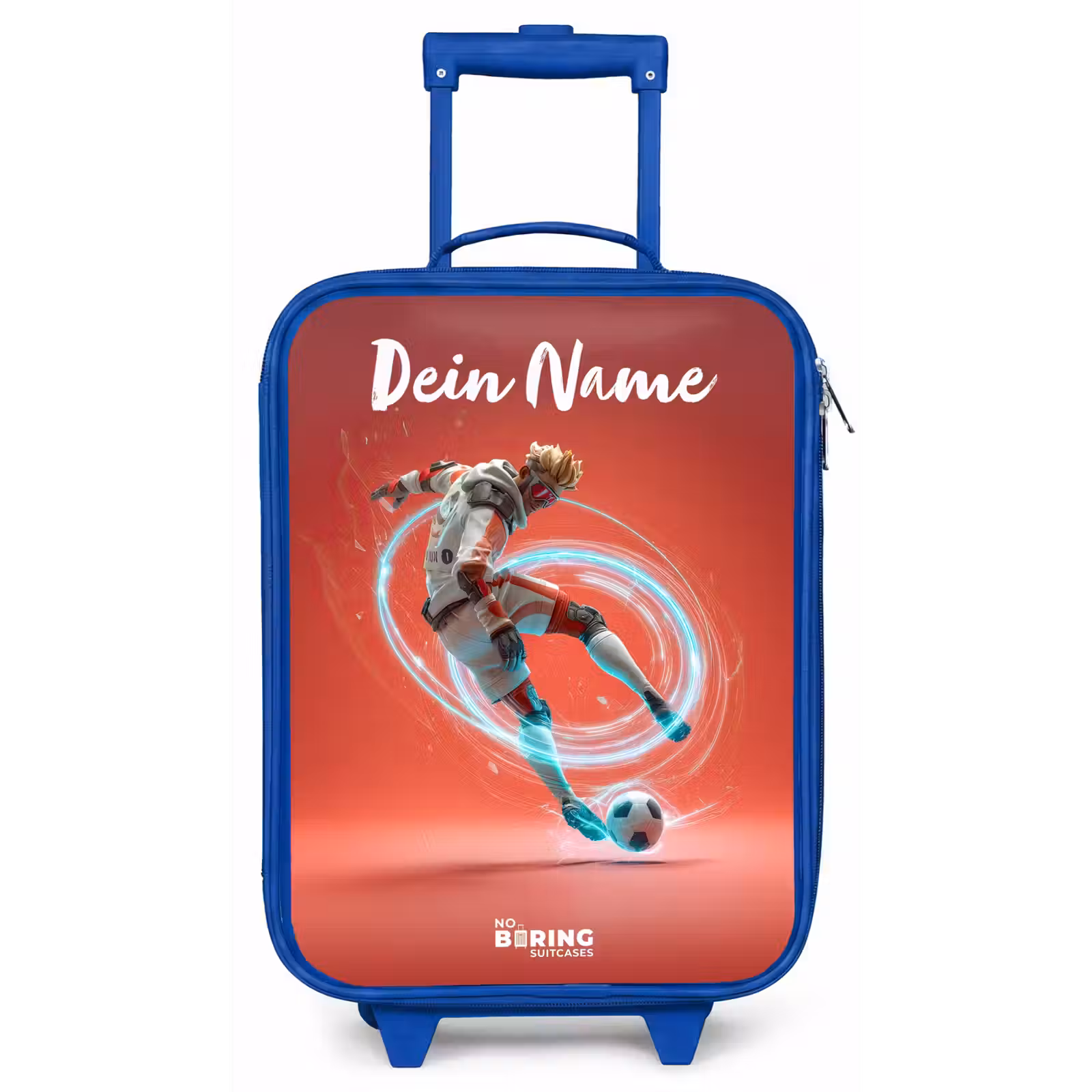 Kinderkoffer Blau mit Name - Fußballer - Ball - Lichtkreis - Rot — 1