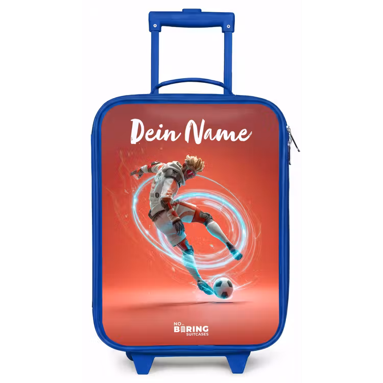 Kinderkoffer Blau mit Name - Fußballer - Ball - Lichtkreis - Rot — 1