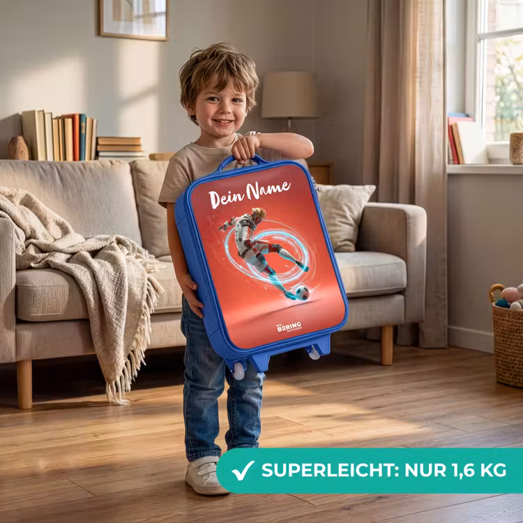 Kinderkoffer Blau mit Name - Fußballer - Ball - Lichtkreis - Rot — 2