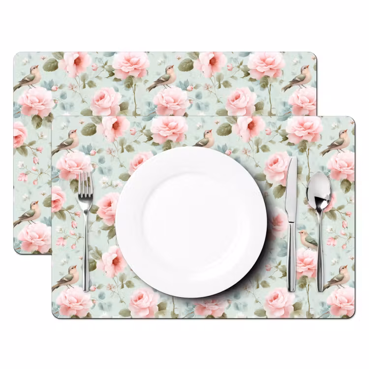Tischset - 6 Stück - Rosen - Vögel - Pastell - Farbenfroh — 2
