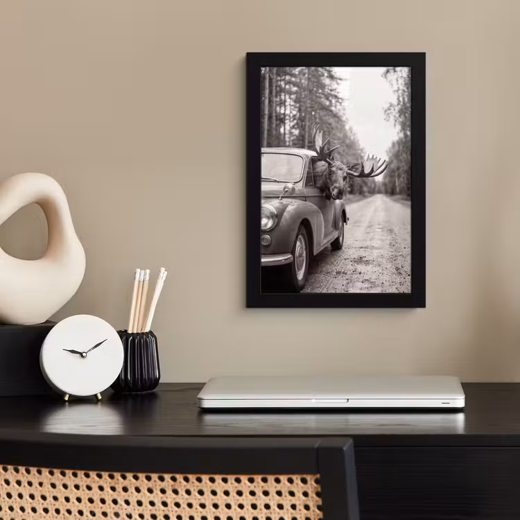 Bilder mit Rahmen - Elch - Auto - Geweih - Schwarz - Weiß — 2