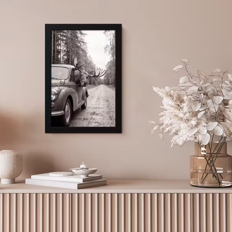 Bilder mit Rahmen - Elch - Auto - Geweih - Schwarz - Weiß — 4