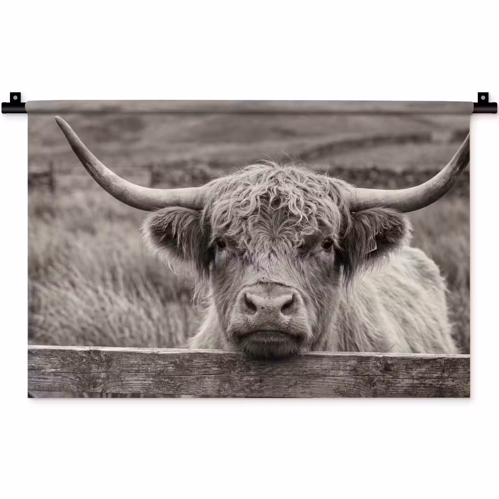 Wandteppich - Schottischer Highlander - Schwarz - Weiß - Holz — 1