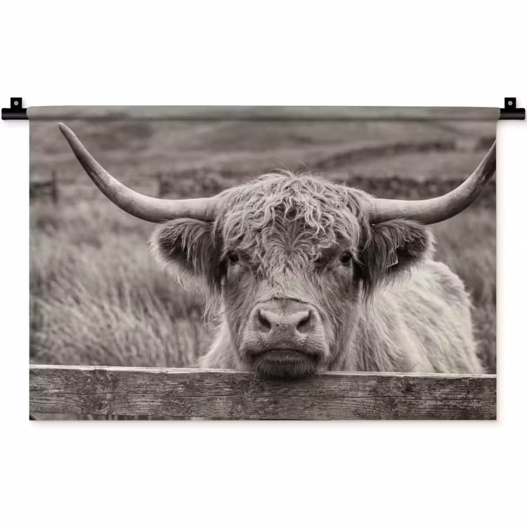 Wandteppich - Schottischer Highlander - Schwarz - Weiß - Holz — 1