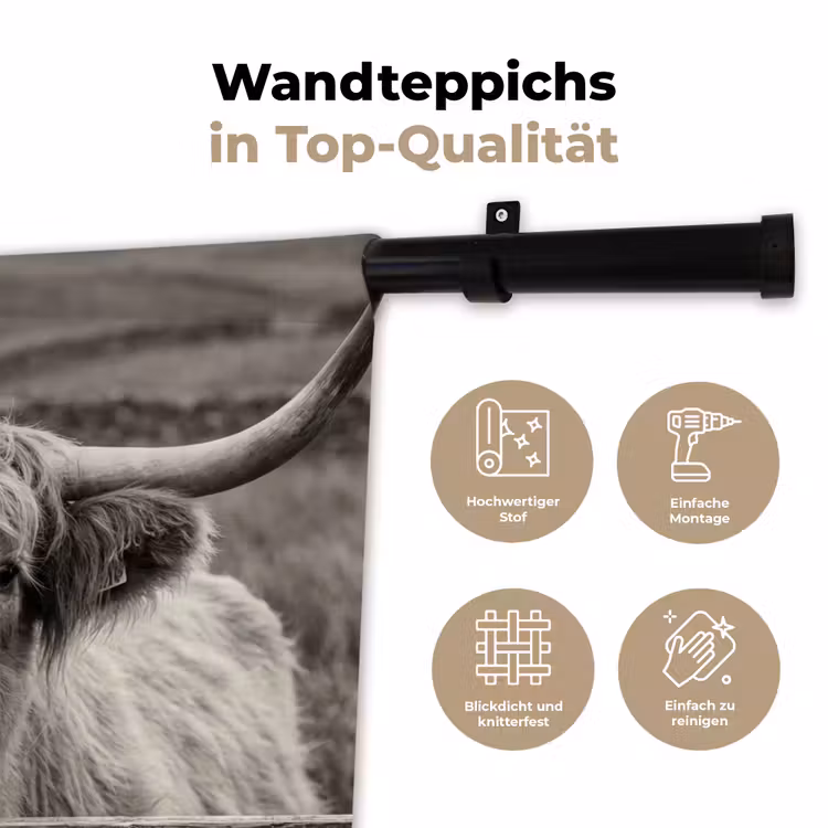 Wandteppich - Schottischer Highlander - Schwarz - Weiß - Holz — 7