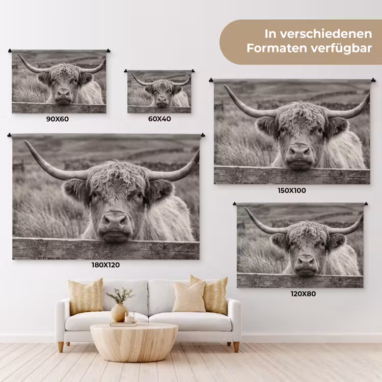 Wandteppich - Schottischer Highlander - Schwarz - Weiß - Holz — 8