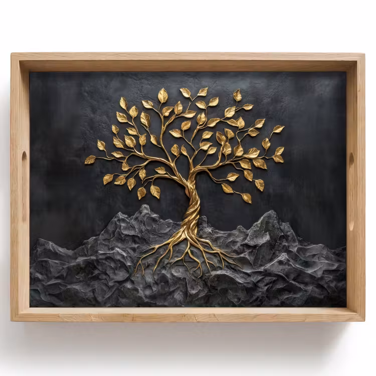 Tablett - Blätter - Gold - Baum - Fels — 1