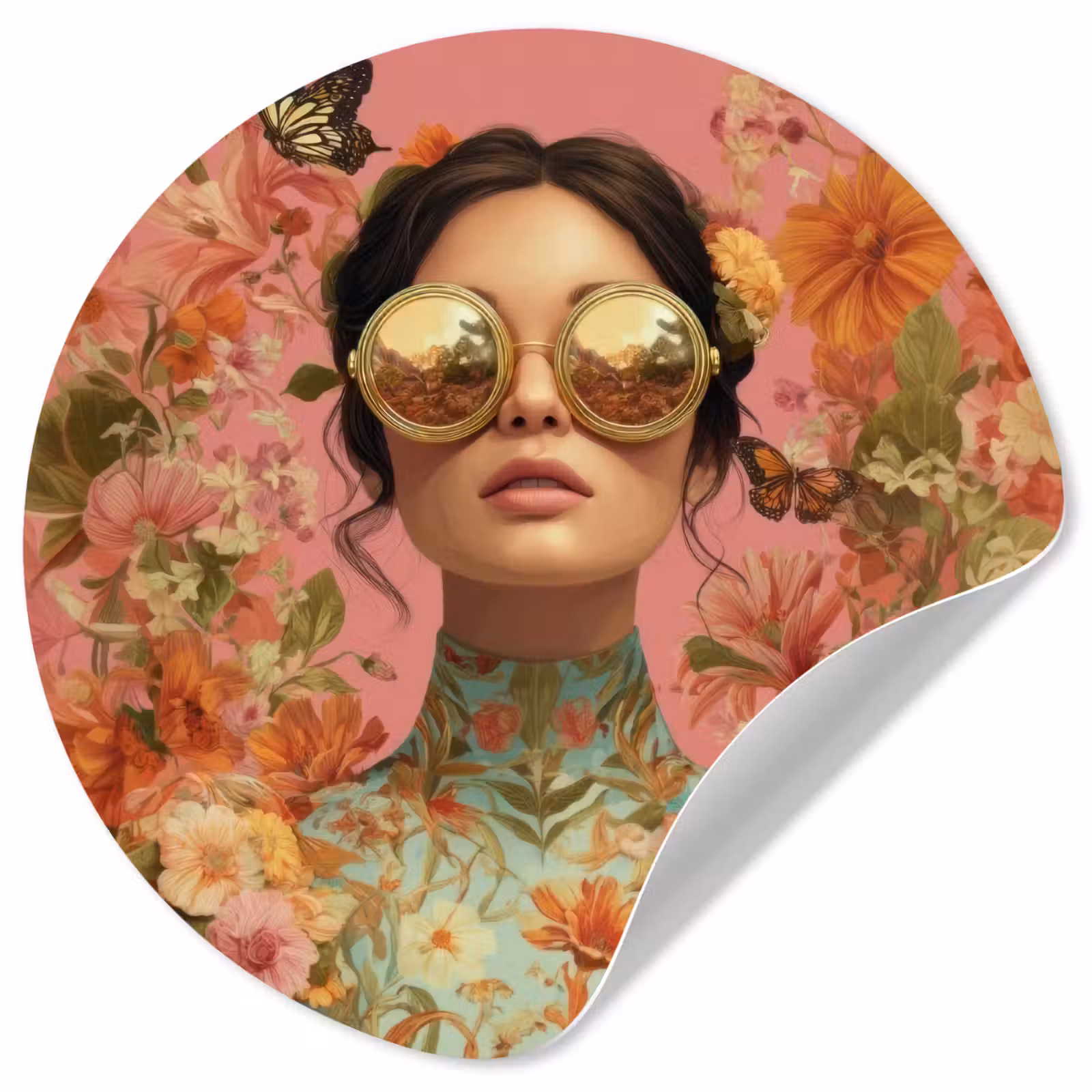 Runde Tapete - Frau - Brille - Rosa - Blumen — 1