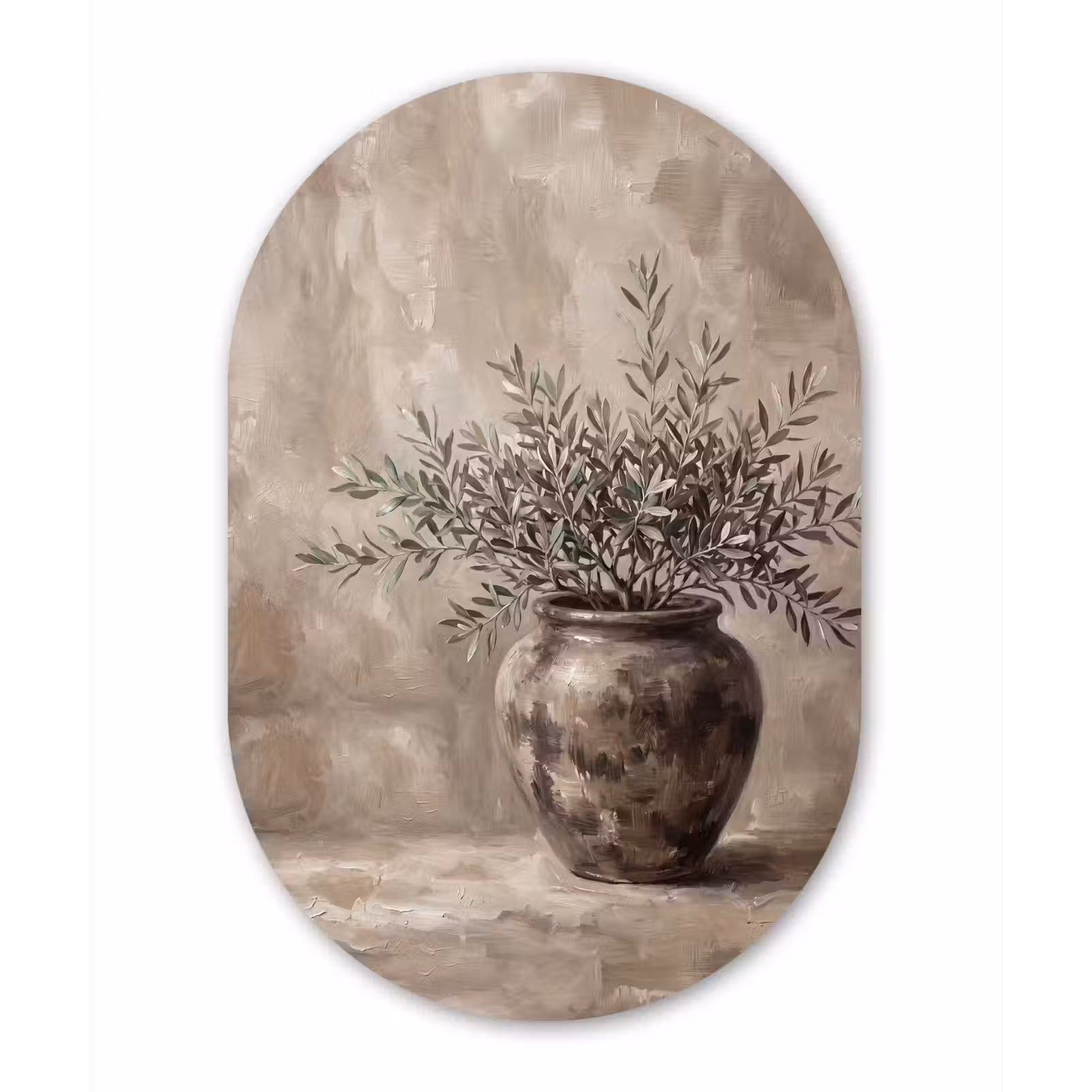Alu-Dibond-Bild Oval - Olivenpflanze - Tontopf - Abstrakt - Beige — 1
