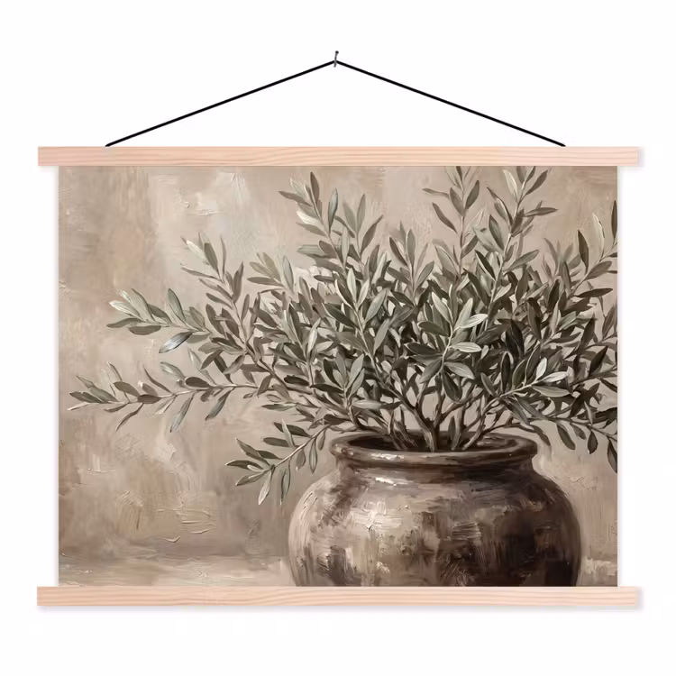 Stoffbild - Olivenpflanze - Tontopf - Abstrakt - Beige — 1