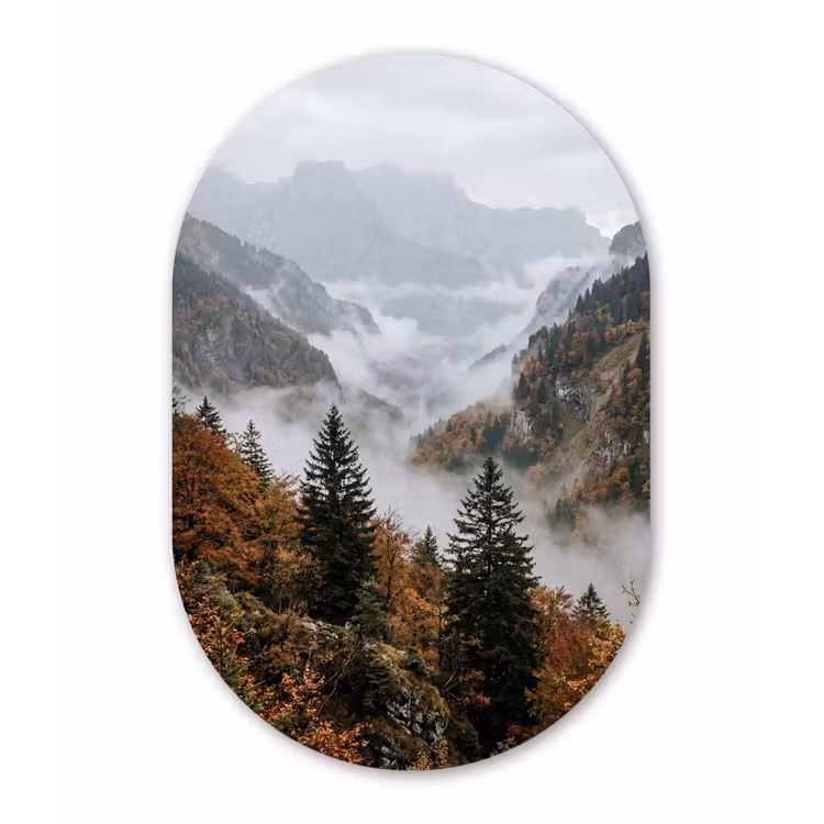 Alu-Dibond-Bild Oval - Berge - Tal - Nebel - Herbst - Natur — 1