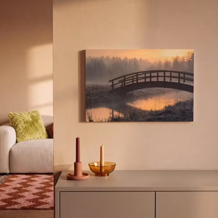 Leinwandbild - Brücke - Nebel - Bäume - Wasser — 2
