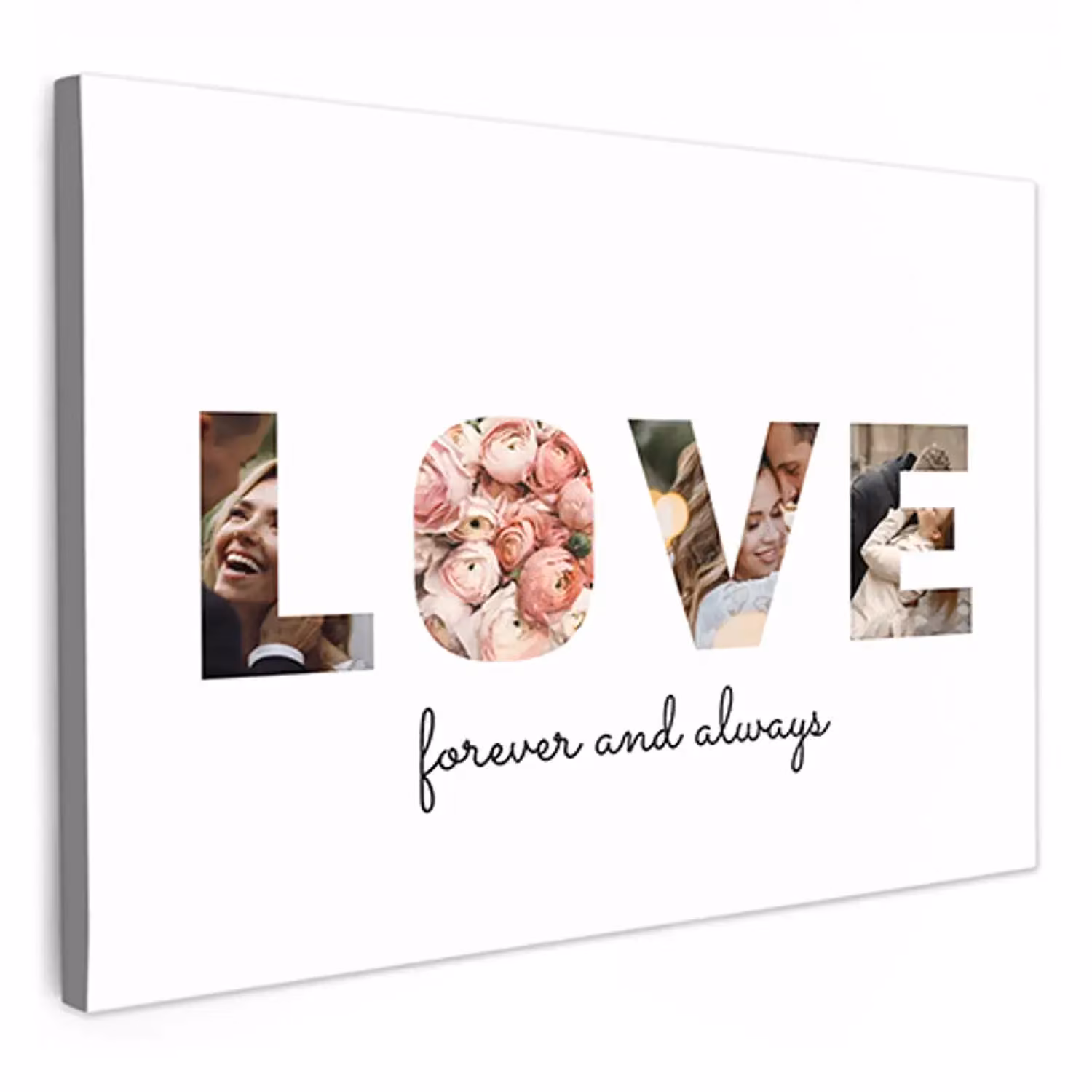 Leinwand mit dem Wort „Love“ in der Mitte und deinen selbst ausgewählten Fotos in den Buchstaben