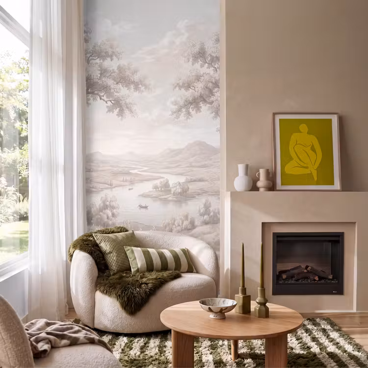 Tapete - Flusslandschaft - Berge - Natur - Vintage - Beige — 1