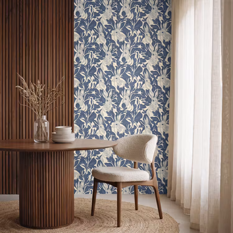 Tapete - Hasen - Blätter - Muster - Blau - Beige — 4