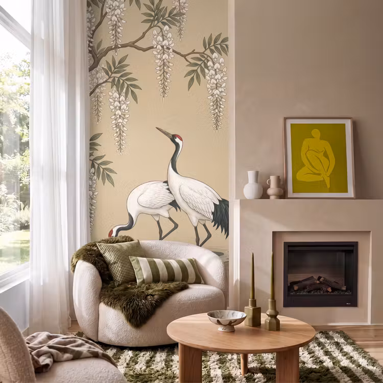 Tapete - Kranich - Wasser - Beige — 1