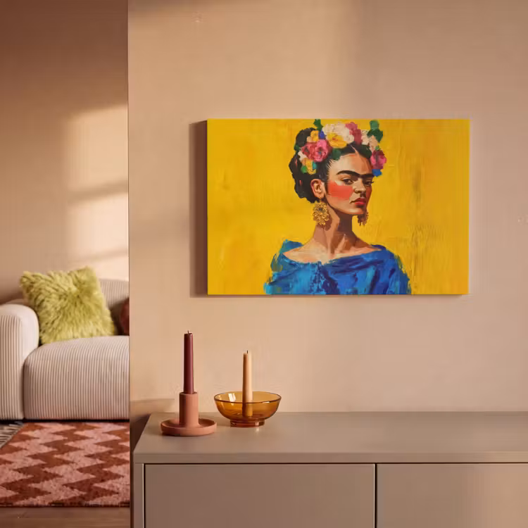 Leinwandbild - Frida Kahlo - Frau - Gelb - Blau - Blumen — 2