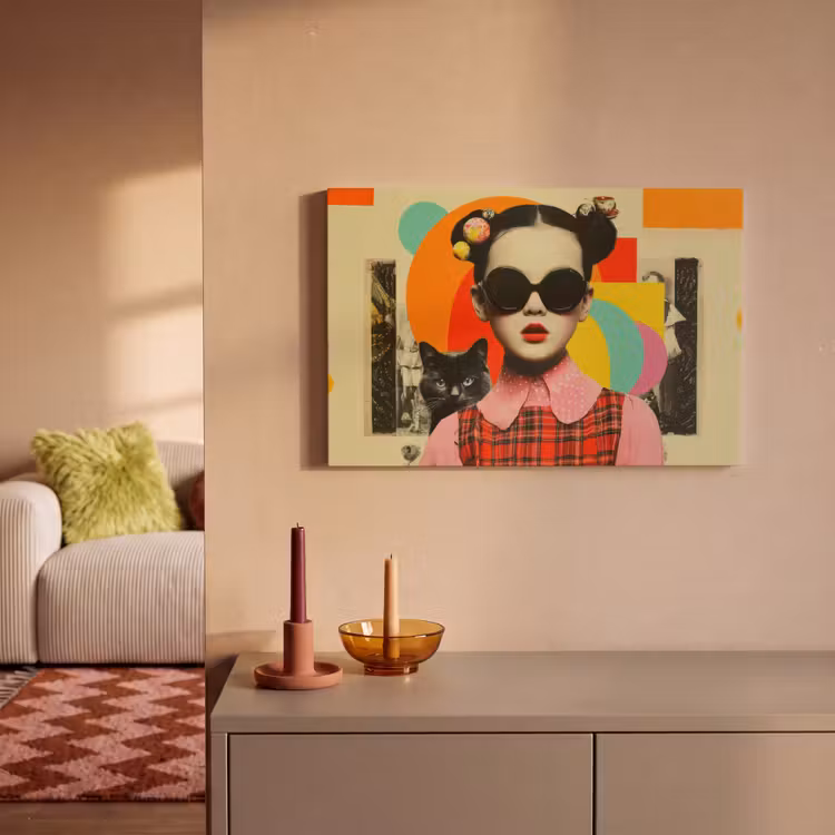 Leinwandbild - Mädchen - Sonnenbrille - Katze - Retro — 2