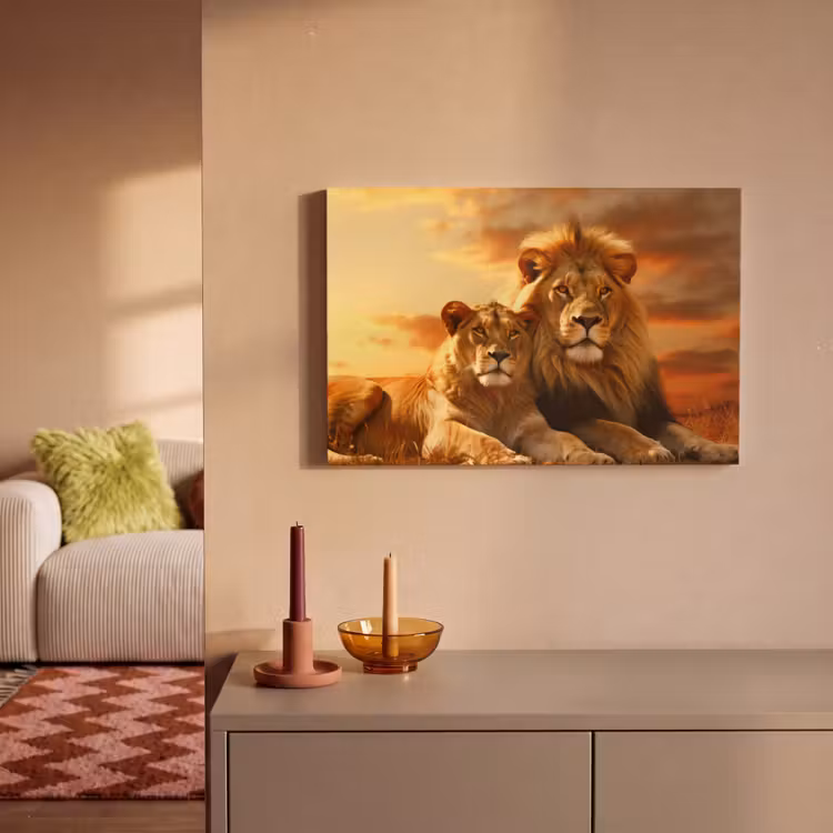Leinwandbild - Löwen - Sonnenuntergang - Afrika - Savanne - Tiere — 2