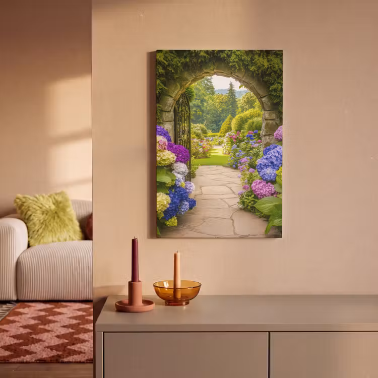 Leinwandbild - Aussicht - Tor - Hortensie - Blumengarten — 2