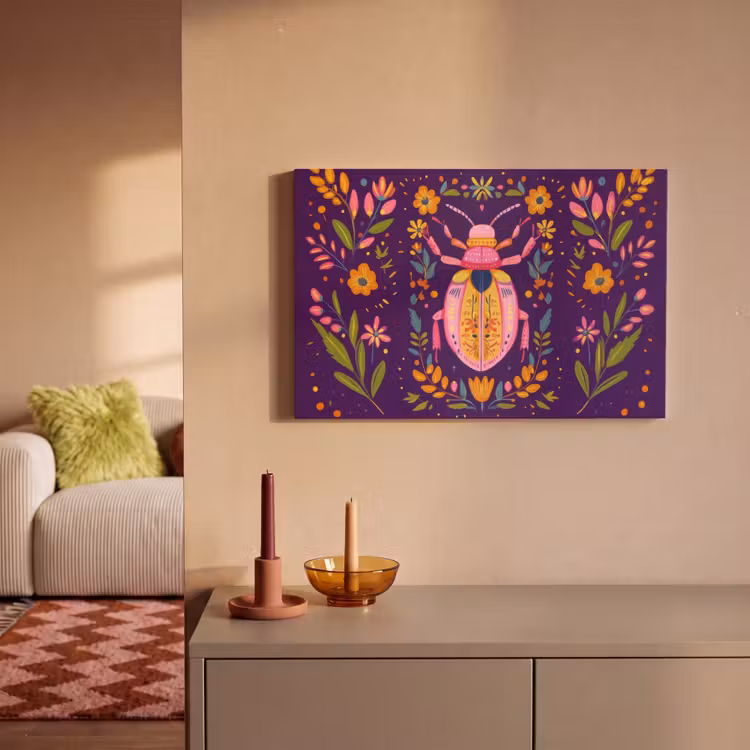 Leinwandbild - Käfer - Leuchtend bunt - Blüten - Blätter — 2